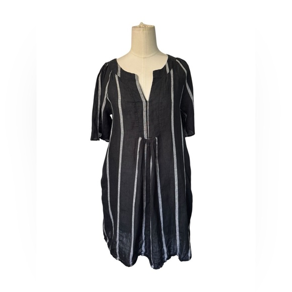 Miou Muse A Line Dress Womens Small Black White Striped Linen Pleated Split Neck - Picture 2 of 6